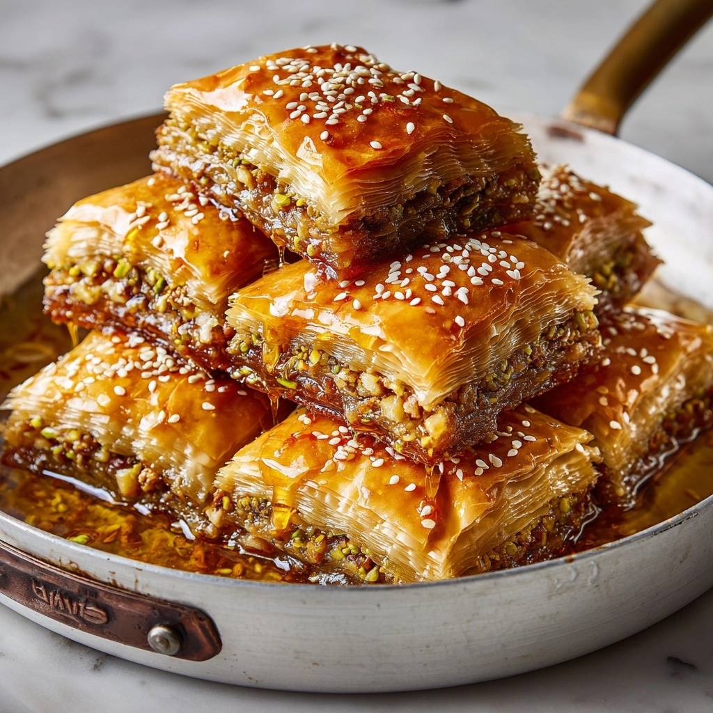 Knuspriges Pistazien Baklava Detail Glasur Sesam 1 Knuspriges Pistazien-Baklava mit glänzender Honigglasur und Sesamkörnern im Detail präsentiert.