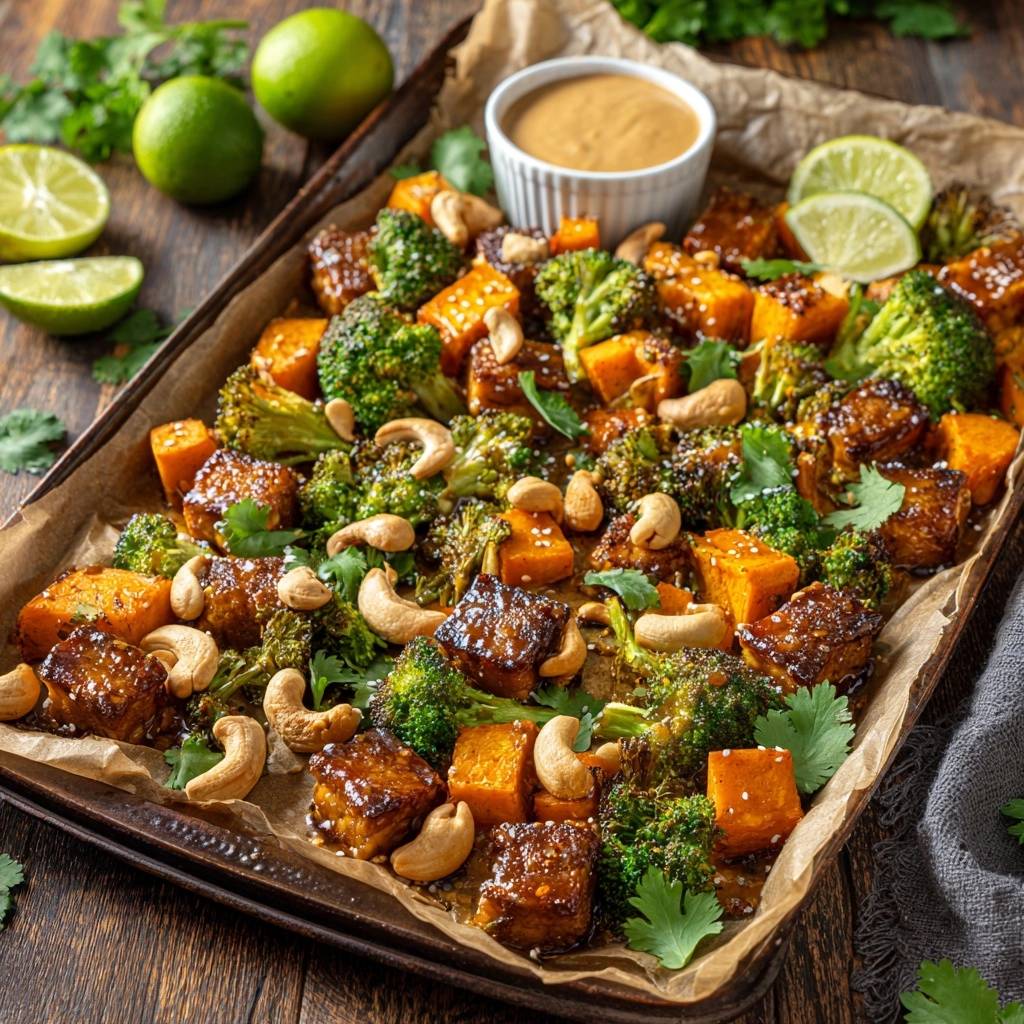 Knuspriges Tofu-Brokkoli-Blech mit Erdnuss-Glasur, serviert auf einem Backblech mit Limetten und Cashewkernen, aus der Vogelperspektive.