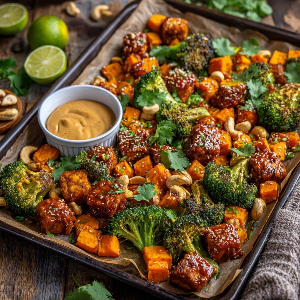 Knuspriges Tofu-Brokkoli-Blech mit Erdnuss-Glasur, nahaufnahme der glasierten Tofuwürfel und gerösteten Röschen.
