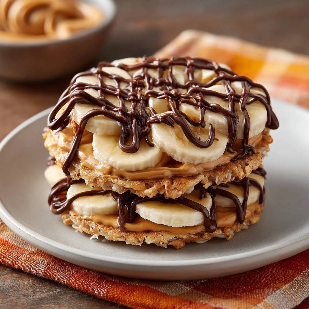 Kokos-Erdnussbutter-Bananen-Stacks mit Schoko, Nahaufnahme von geschichteten Bananenscheiben mit Erdnussbutter und Schokoladensauce.