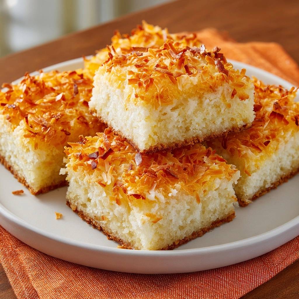 Kokos-Makronen-Kuchen angeschnitten und nah aufgenommen, zeigt das knusprige Kokostopping und den saftigen Kuchenboden.