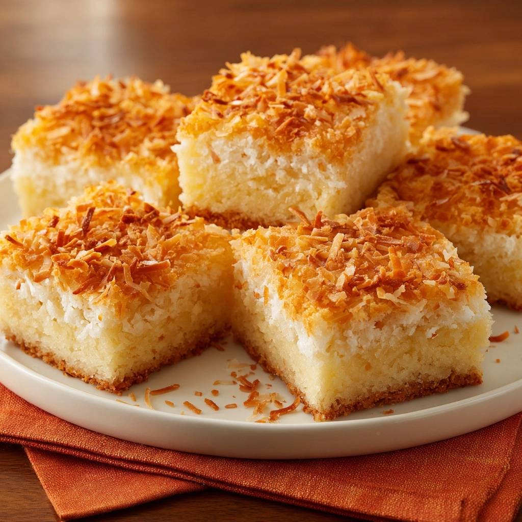 Kokos Makronen Kuchen Detailansicht Topping 1 Kokos-Makronen-Kuchen mit knusprig geröstetem Kokosraspelt-Topping, detailreiche Ansicht der einzelnen Kuchenstücke auf einem Teller.