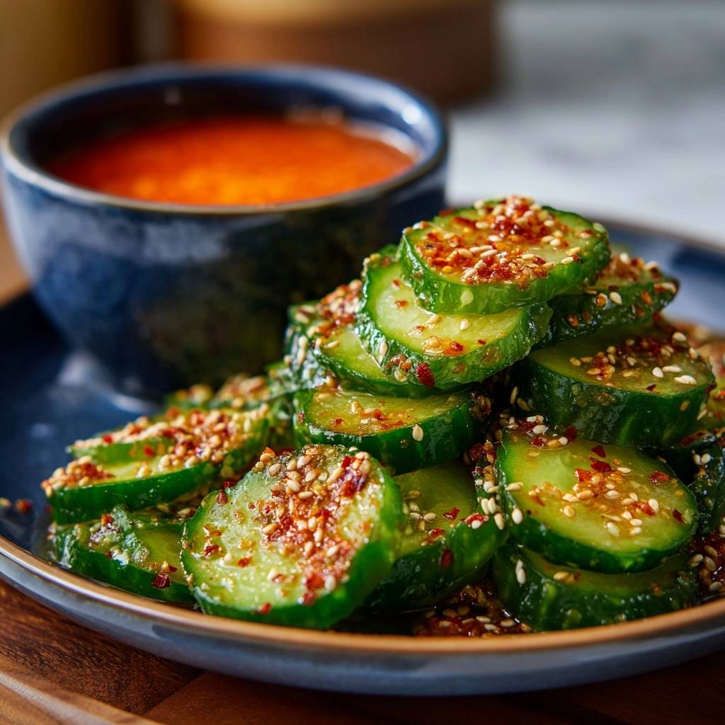 Koreanische Chiligurken mit Sesam und Chili garniert, serviert mit einer Dip-Sauce in einer blauen Schale.