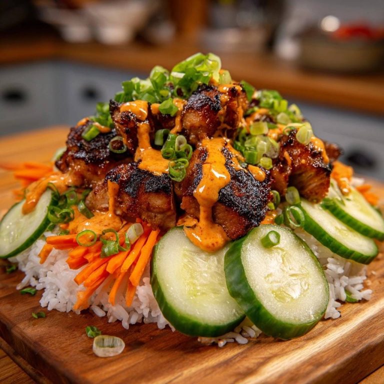 Koreanische Sticky-Hähnchen-Bowl, saftig und knusprig, mit Reis, Gurke, Karotten und Frühlingszwiebeln garniert