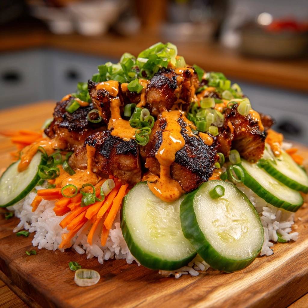 Koreanische Sticky-Hähnchen-Bowl, saftig und knusprig, mit Reis, Gurke, Karotten und Frühlingszwiebeln garniert