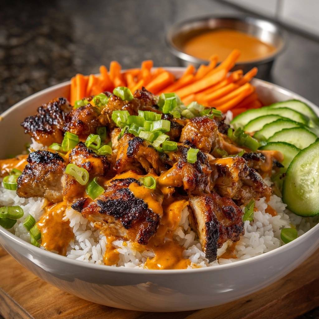 Koreanische Sticky-Hähnchen-Bowl, nahaufnahme der saftigen Hähnchenstücke mit Reis und Gemüse, garniert mit Frühlingszwiebeln.