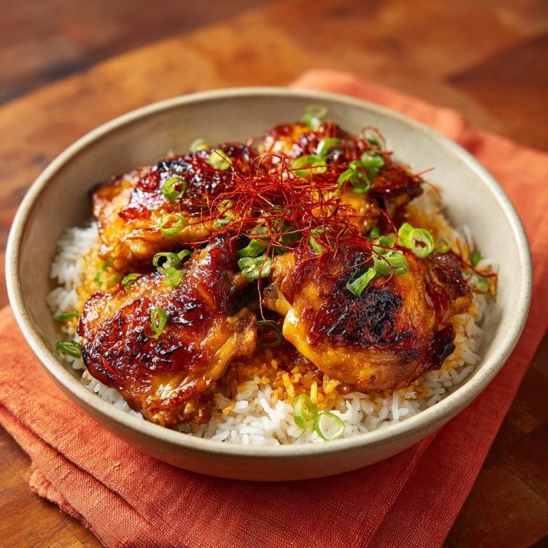 Koreanisches Gochujang-Hähnchen mit Reis, garniert mit Frühlingszwiebeln und Chilifäden in einer Schüssel.