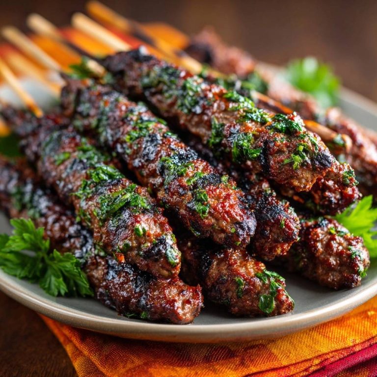 Saftige Kräuter-Hackfleischspieße mit sichtbarer Kräuter-Marinade und Grillspuren, nah aufgenommen.