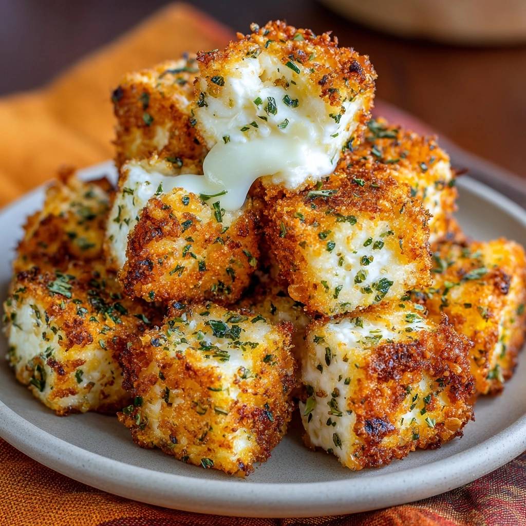 Knusprige Kräuter-Halloumi-Bites zeigen ihren geschmolzenen Käse im Anschnitt, ein Detailbild der Textur.