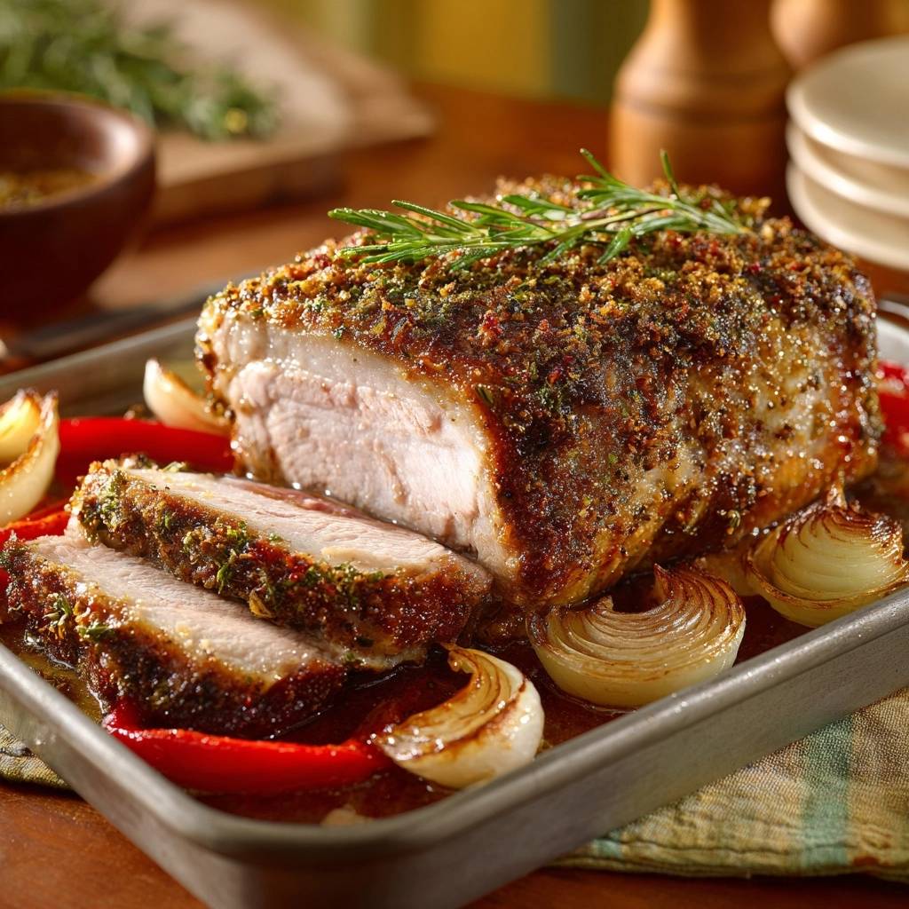 Saftiges Kräuter-Schweinefilet mit Paprika-Zwiebeln, angeschnitten und mit Gemüse im Bratensaft