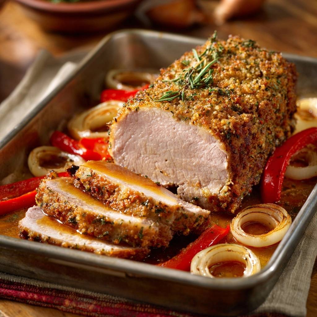 Saftiges Kräuter-Schweinefilet mit Paprika-Zwiebeln, angeschnitten im Bräter mit Sauce und Kräutern garniert.