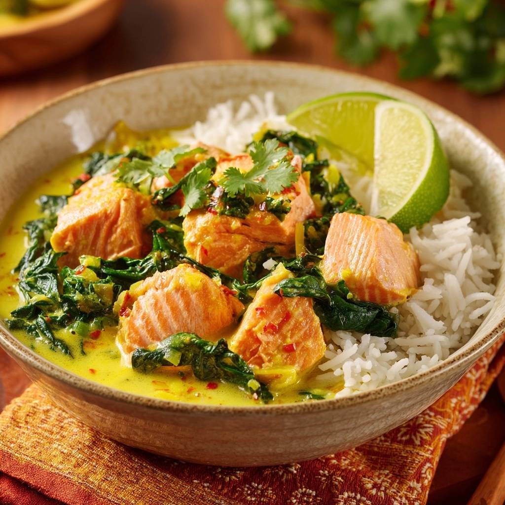 Saftiges Lachs-Spinat-Curry mit Reis, serviert in einer Schüssel mit Limettenspalte und frischem Koriander garniert.