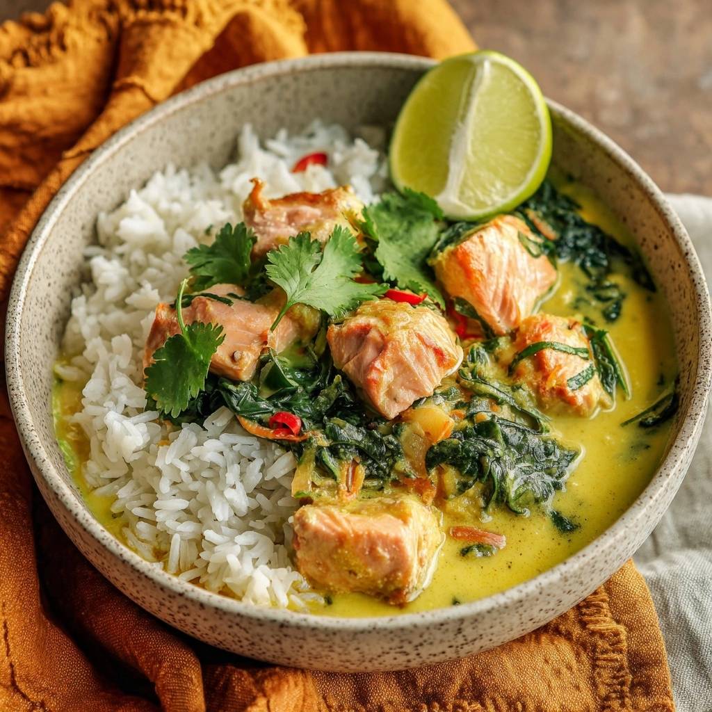 Saftiges Lachs-Spinat-Curry mit Reis, serviert in einer Schüssel mit Koriander und Limettenspalte, Nahaufnahme.