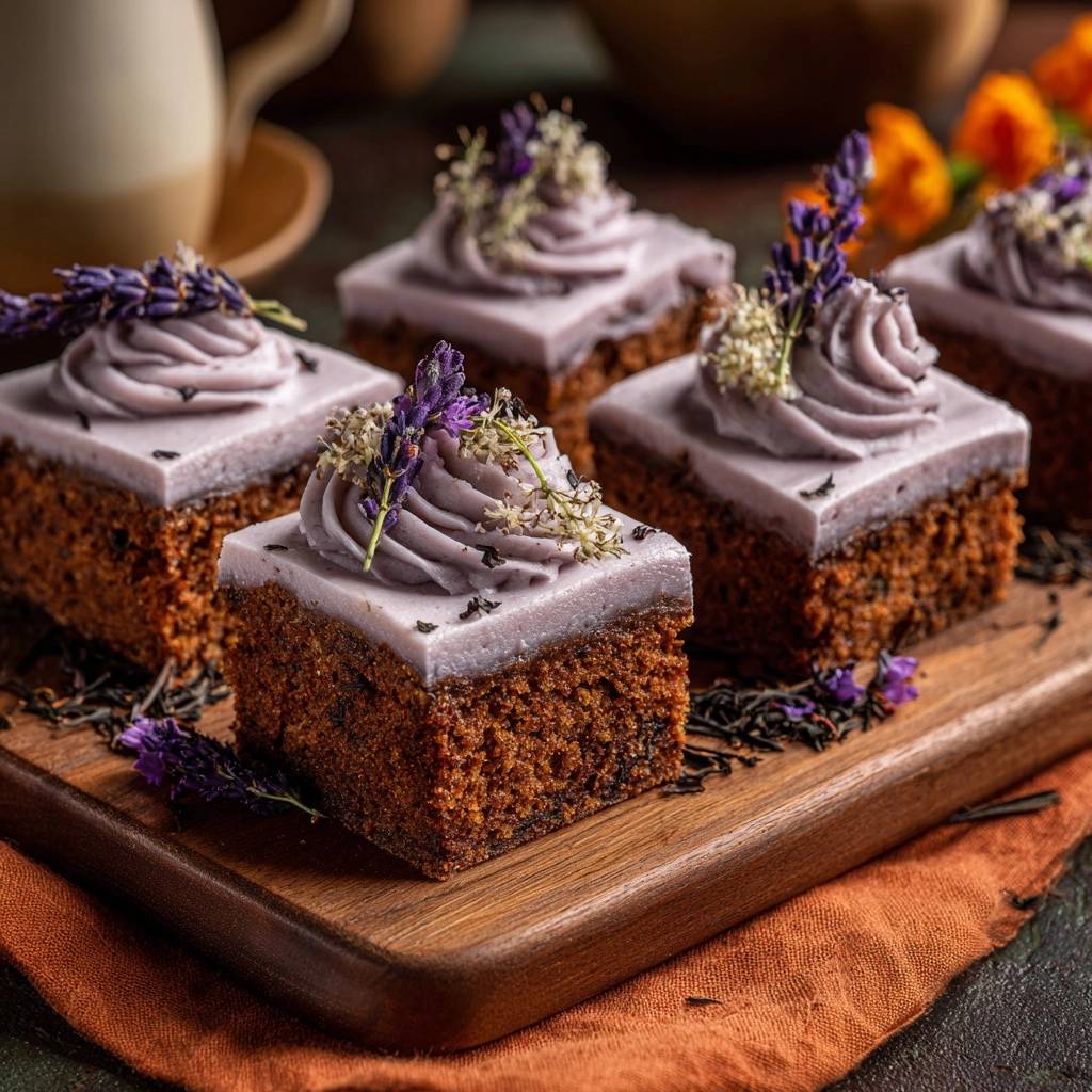 Lavendel-Gewürzkuchen mit cremiger Violett-Creme, kunstvoll garniert mit Lavendel und kleinen Blüten.
