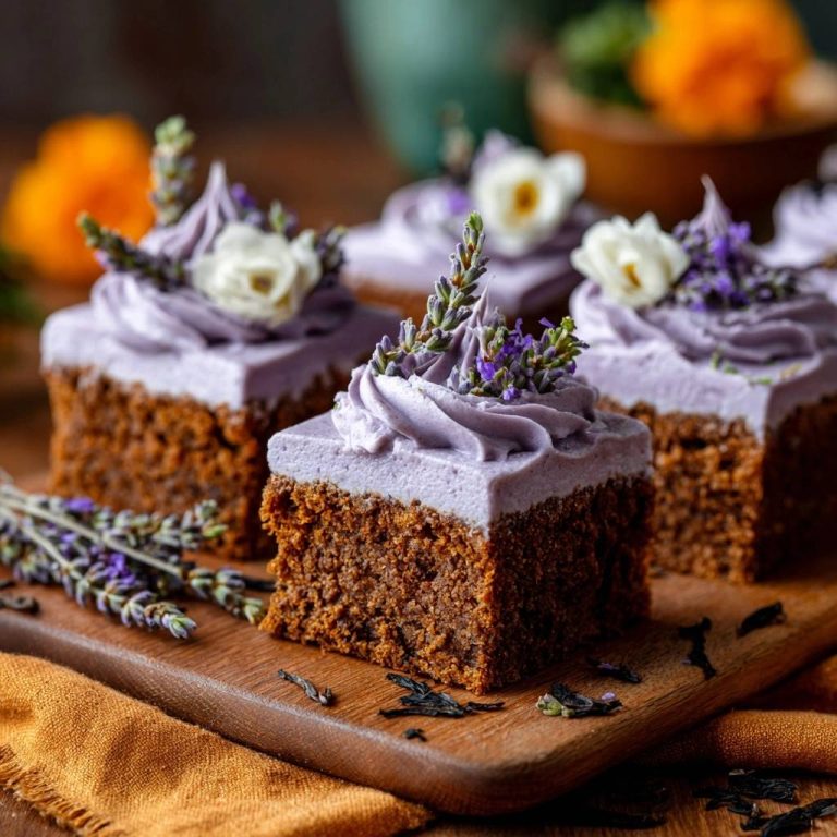Lavendel-Gewürzkuchen mit cremiger Violett-Creme, Nahaufnahme von einem Stück Kuchen mit Lavendel und Blumen garniert.