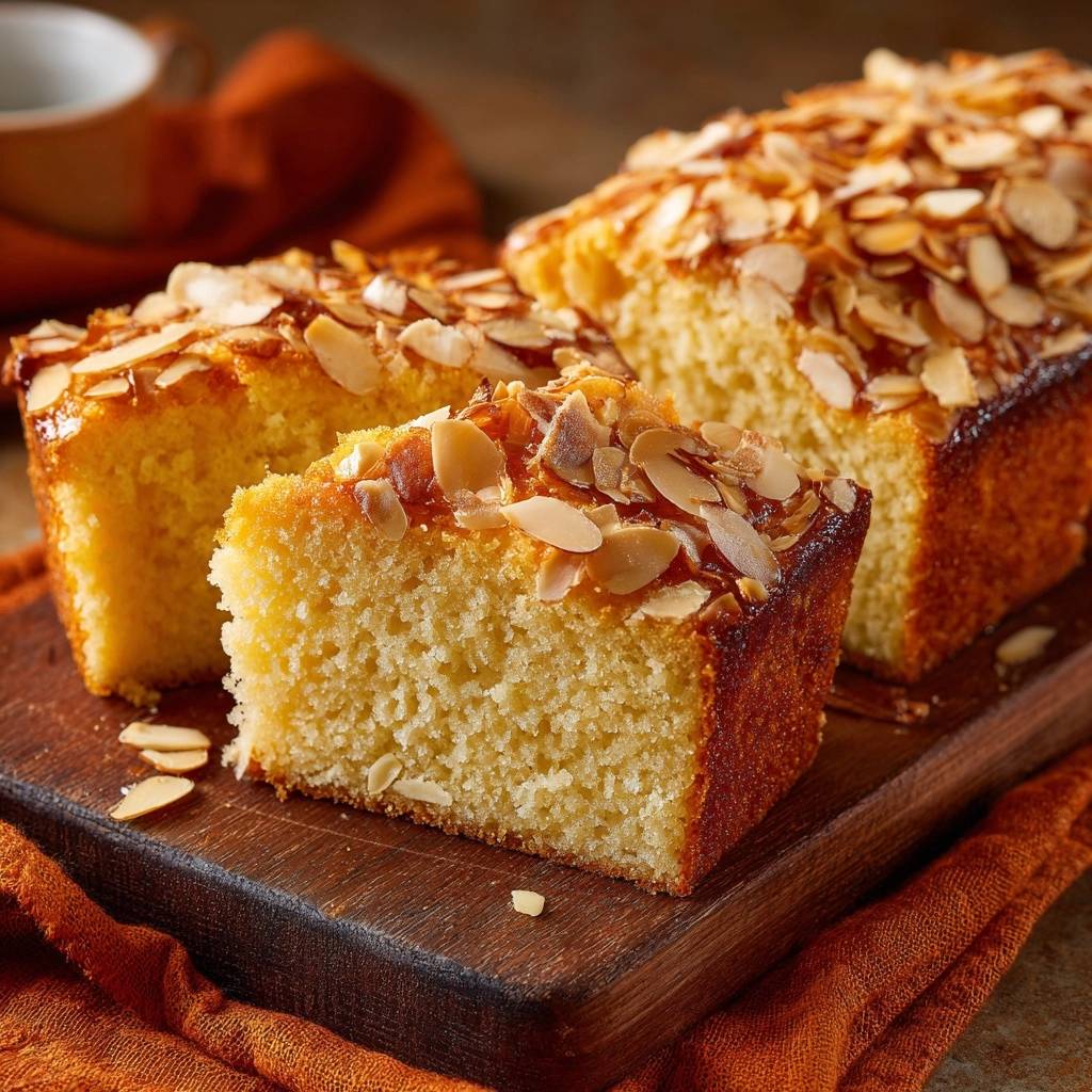 Mandel Ruehrkuchen Angeschnitten Detail 1 Saftiger Mandel-Rührkuchen angeschnitten mit gerösteten Mandeln und Zuckerguss auf einem Holzbrett