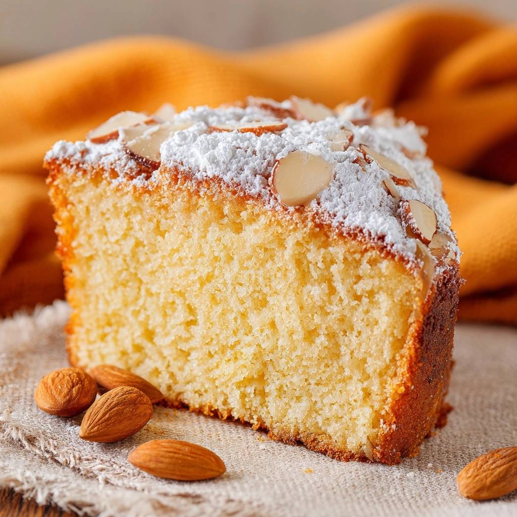 Saftiger Mandelkuchen angeschnitten mit Puderzucker und Mandelblättchen garniert, gezeigt aus einer Nahaufnahme.