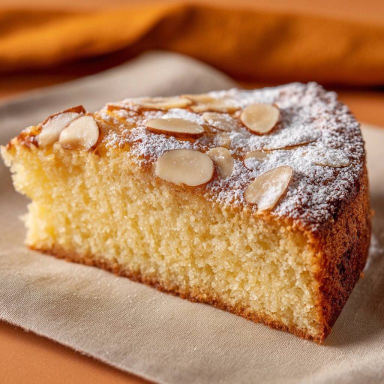 Saftiger Mandelkuchen angeschnitten und mit Mandelblättchen garniert, Nahaufnahme der saftigen Kuchenstruktur.