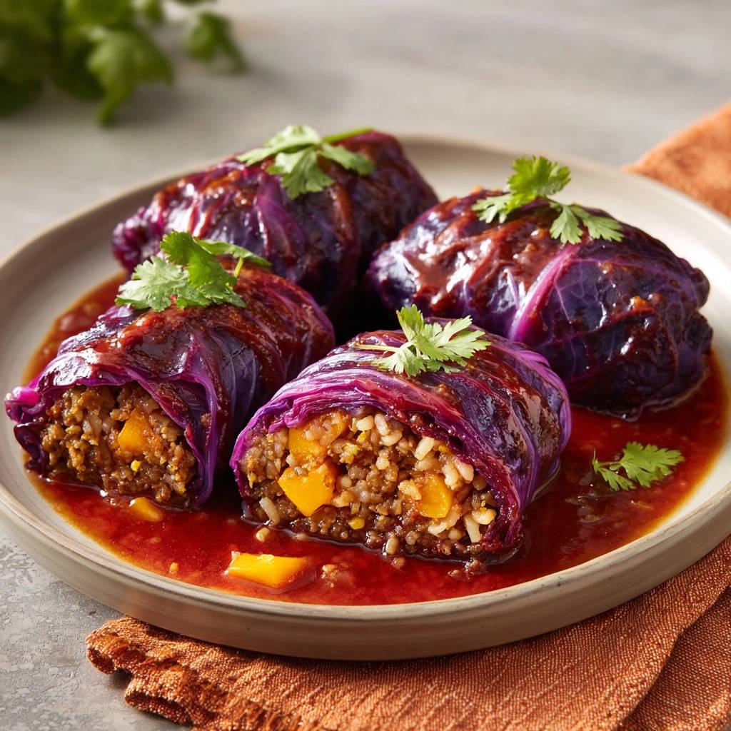Mango Hack Rotkohlrouladen Angeschnitten 1 Mango-Hack-Rotkohlrouladen angeschnitten, die das herzhafte Hackfleisch und Reis mit Mangostücken im Inneren zeigen.