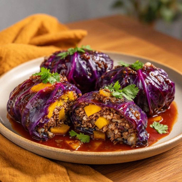 Mango-Hack-Rotkohlrouladen angeschnitten mit gelber Paprika und einem frischen Kräutergarnitur, serviert auf einem Teller mit Sauce.