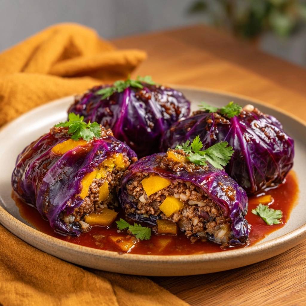 Mango-Hack-Rotkohlrouladen angeschnitten mit gelber Paprika und einem frischen Kräutergarnitur, serviert auf einem Teller mit Sauce.
