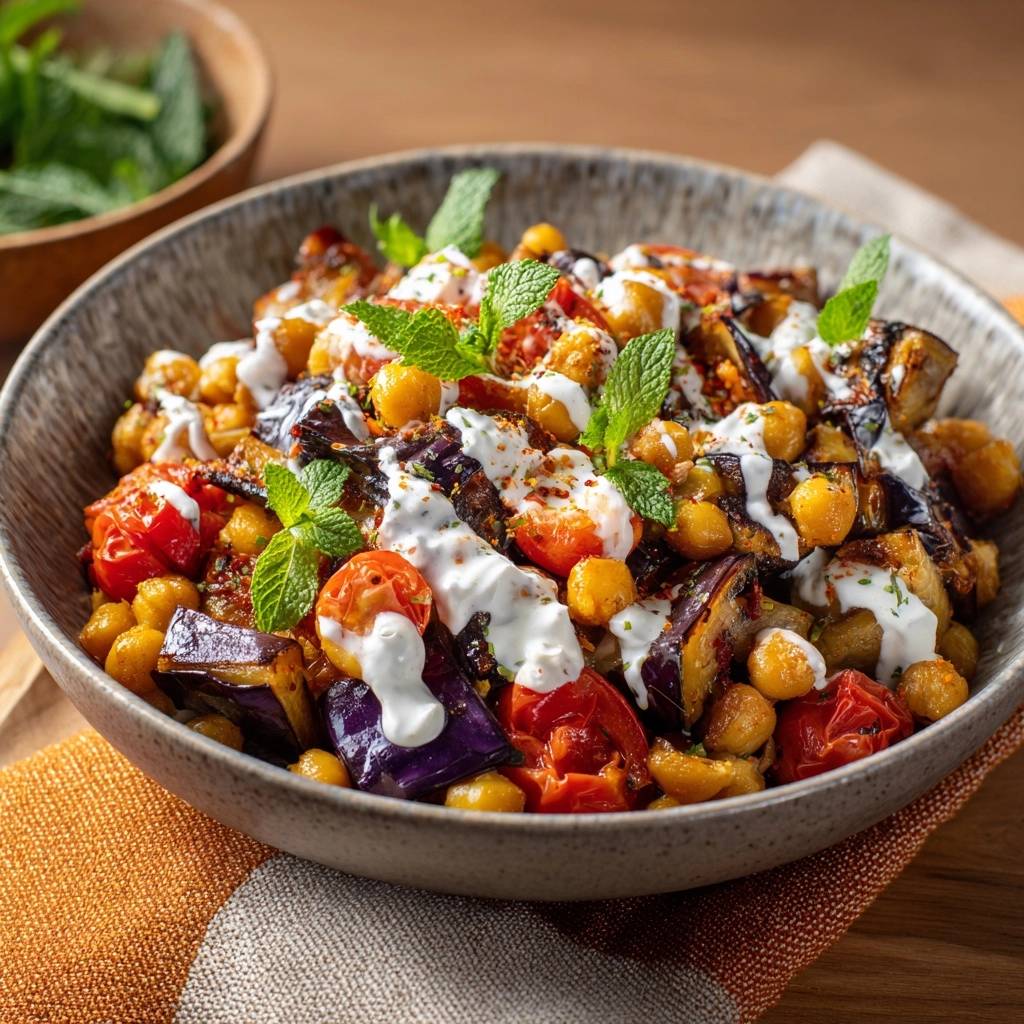 Mediterrane Auberginen Kichererbsen Pfanne Garniert 1 Mediterrane Auberginen-Kichererbsen-Pfanne garniert mit frischer Minze und cremiger Sauce in einer Schüssel