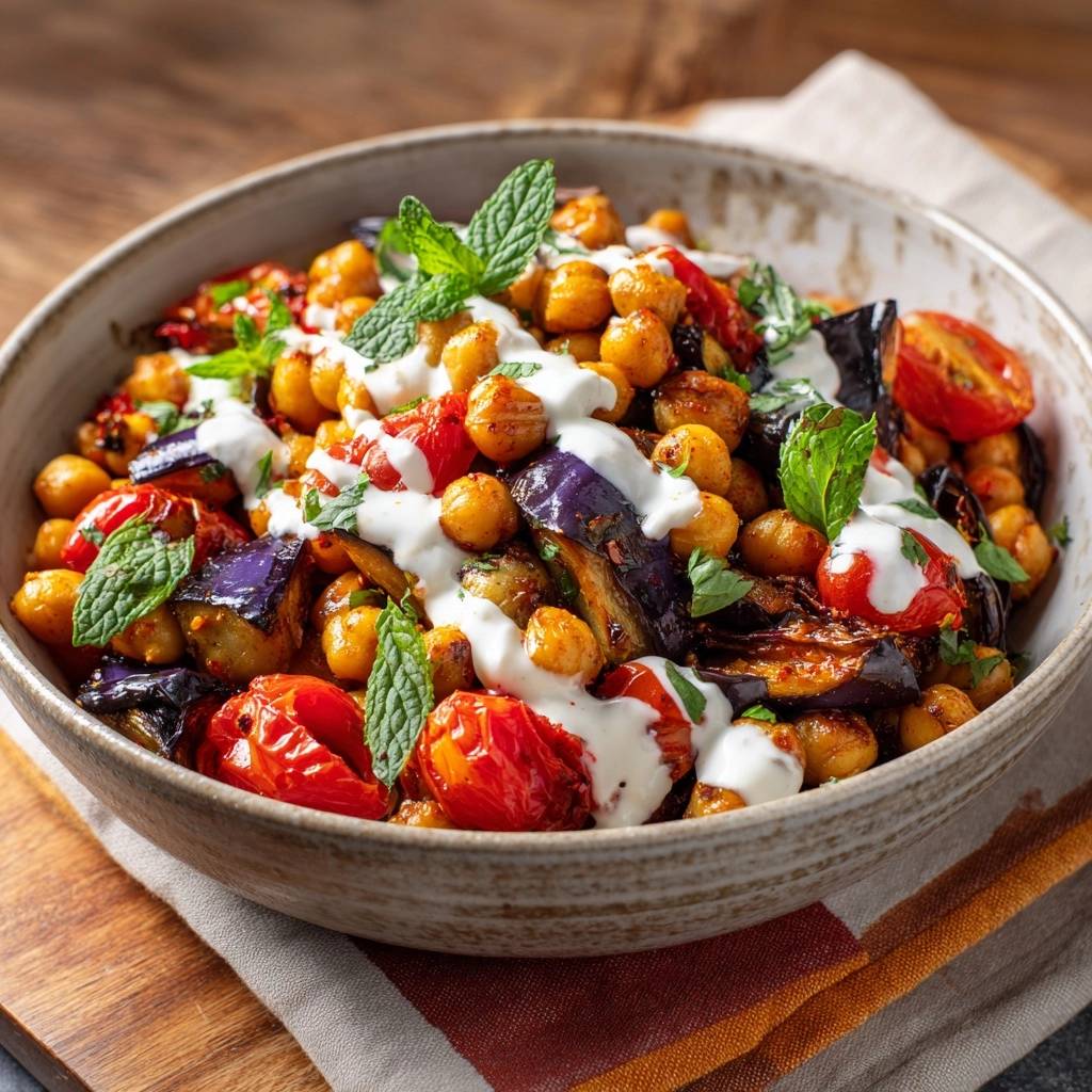 Mediterrane Auberginen-Kichererbsen-Pfanne als Nahaufnahme mit Joghurt-Dressing beträufelt und Minze garniert.