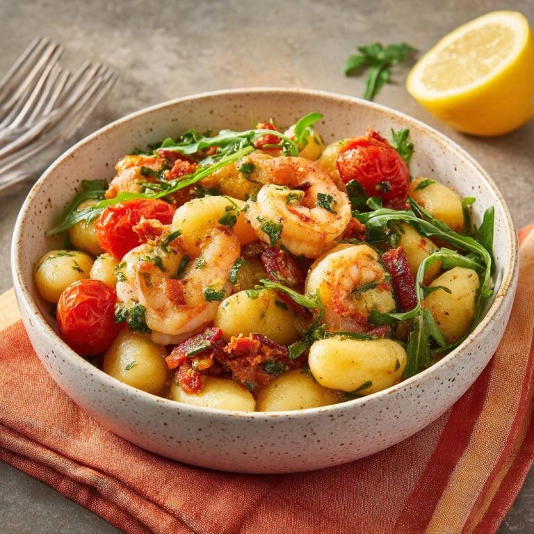 Mediterrane Gnocchi-Pfanne mit Garnelen, nahaufnahme des Gerichts mit Kirschtomaten und Rucola.