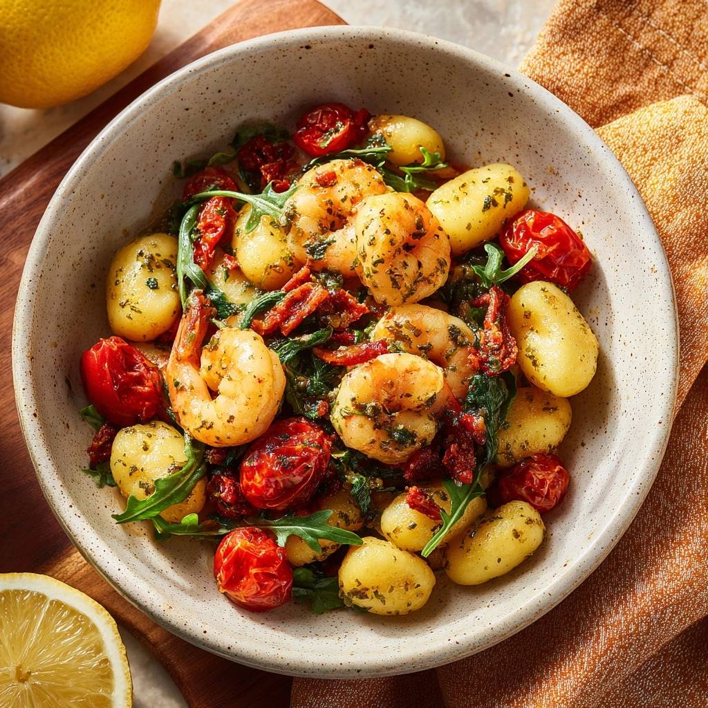 Mediterrane Gnocchi-Pfanne mit Garnelen, serviert in einer Schüssel mit Cherrytomaten und Rucola aus der Draufsicht.
