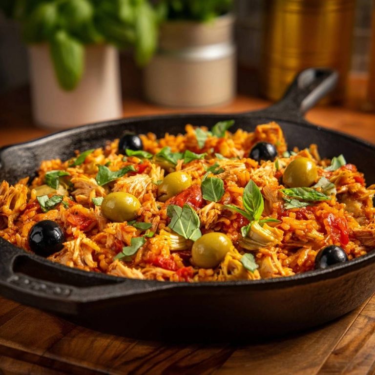 Mediterrane Hähnchen-Reispfanne als Nahaufnahme in einer gusseisernen Pfanne mit frischen Kräutern und Oliven garniert.