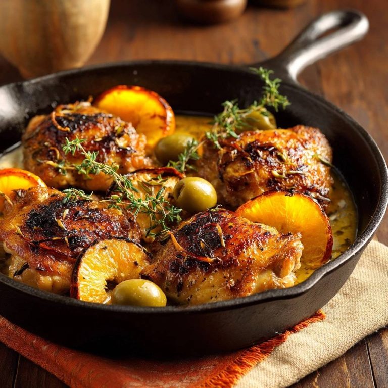 Mediterrane Zitrus-Hähnchenpfanne mit saftigen Hähnchenschenkeln, Orangenstücken und Oliven, garniert mit frischem Thymian.