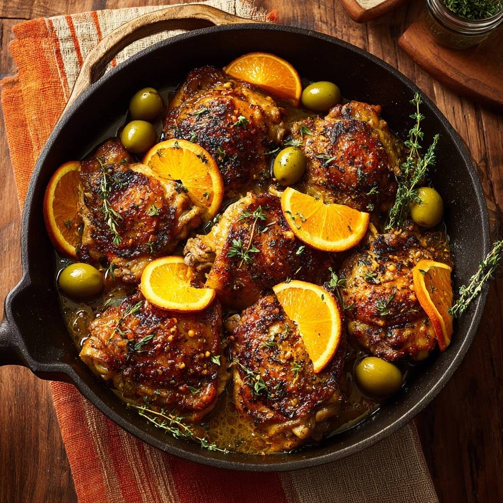 Mediterrane Zitrus Huhn Pfanne Ganz 1 Mediterrane Zitrus-Hähnchenpfanne in einer Gusseisenpfanne mit Orangen und Oliven, aus der Vogelperspektive.