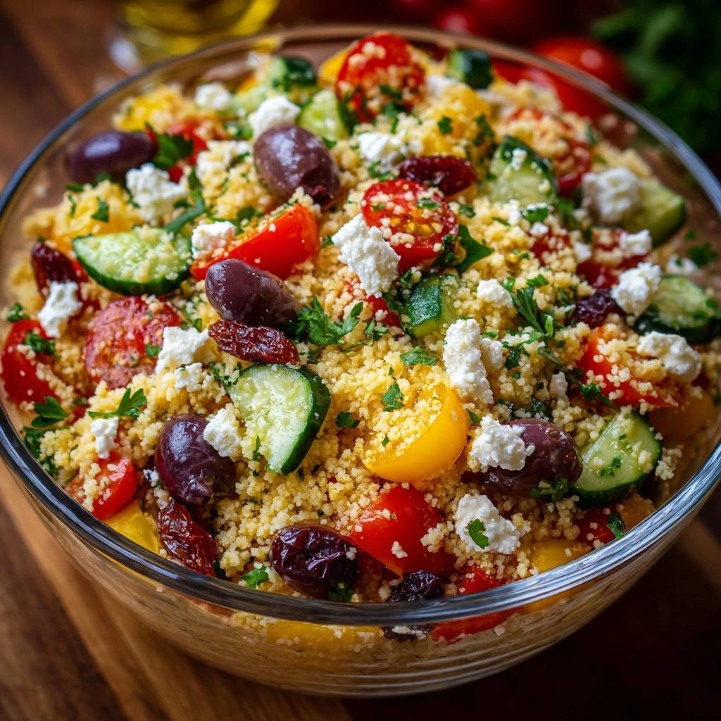 Mediterraner Couscous-Salat mit Tomaten, Gurken, Oliven und Feta in einer Glasschüssel, nahaufnahme der Zutaten.