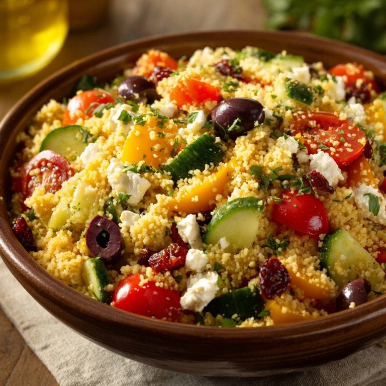 Mediterraner Couscous-Salat als Nahaufnahme in einer braunen Schüssel, voller bunter Zutaten wie Tomaten, Gurken und Oliven.