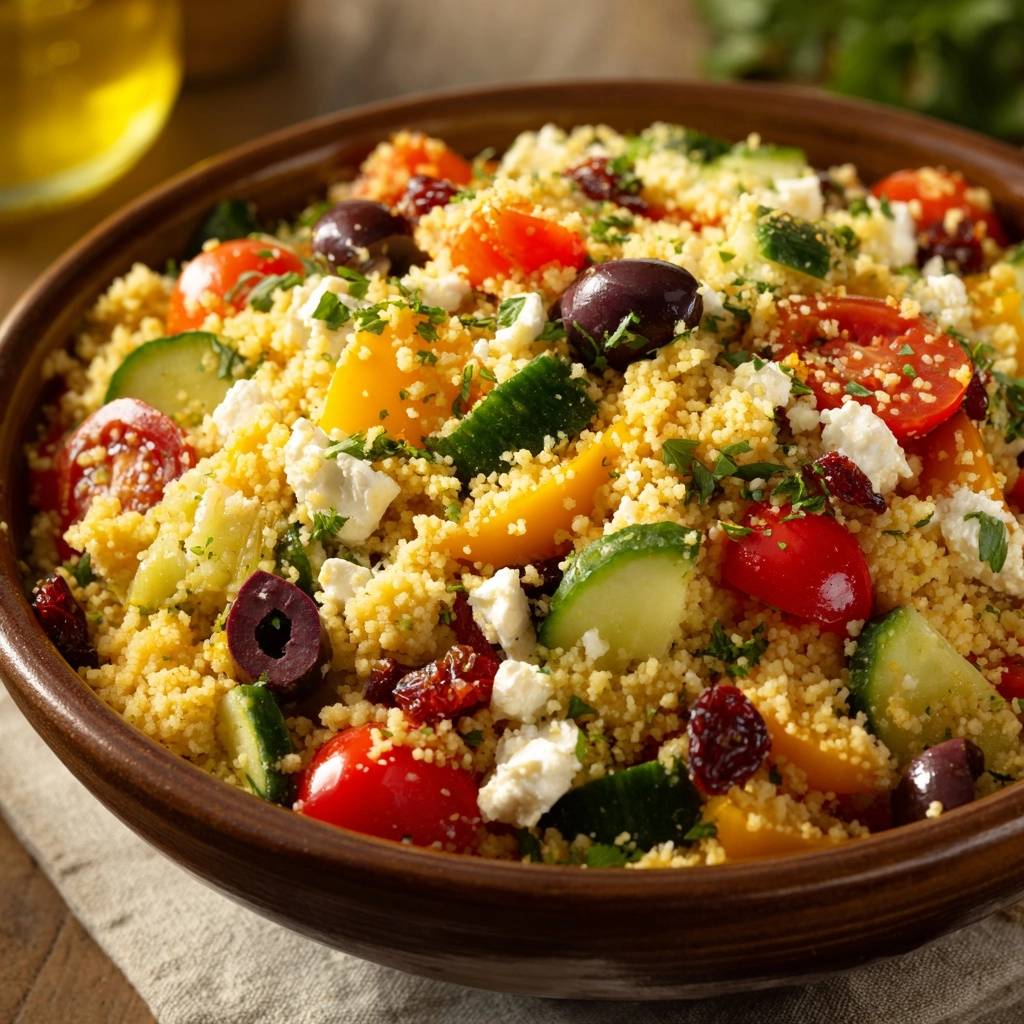 Mediterraner Couscous-Salat als Nahaufnahme in einer braunen Schüssel, voller bunter Zutaten wie Tomaten, Gurken und Oliven.