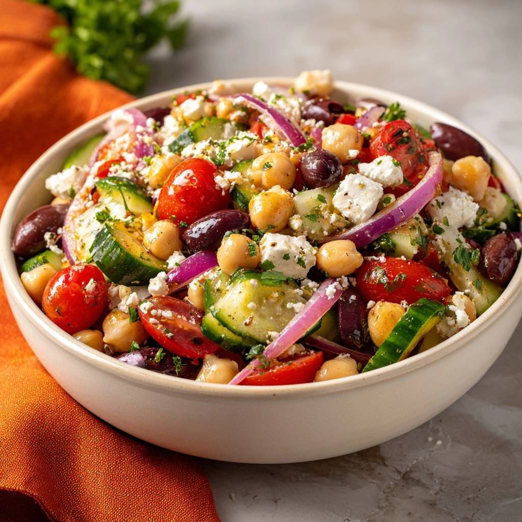 Mediterraner Kichererbsensalat Nahaufnahme 1 Mediterraner Kichererbsensalat, Nahaufnahme der frischen Zutaten wie Kichererbsen, Gurken, Tomaten und Feta.