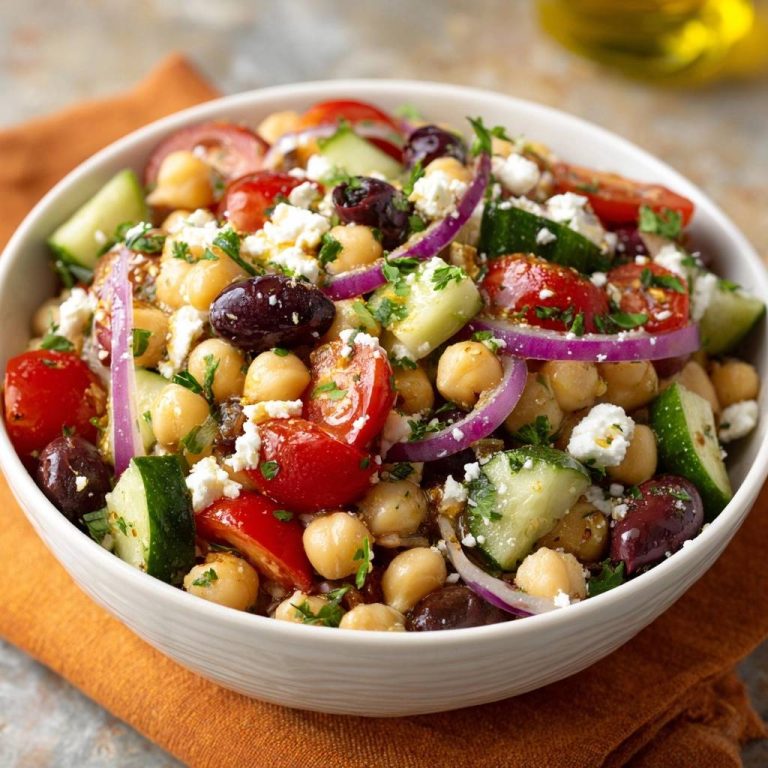 Mediterraner Kichererbsensalat als Nahaufnahme, mit sichtbaren Kichererbsen, Tomaten, Gurken und Feta.