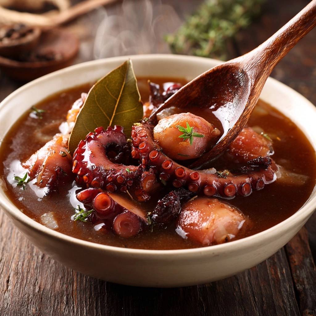 Mediterraner Oktopus-Eintopf, wie er mit einem Holzlöffel aus der Schüssel gehoben wird.