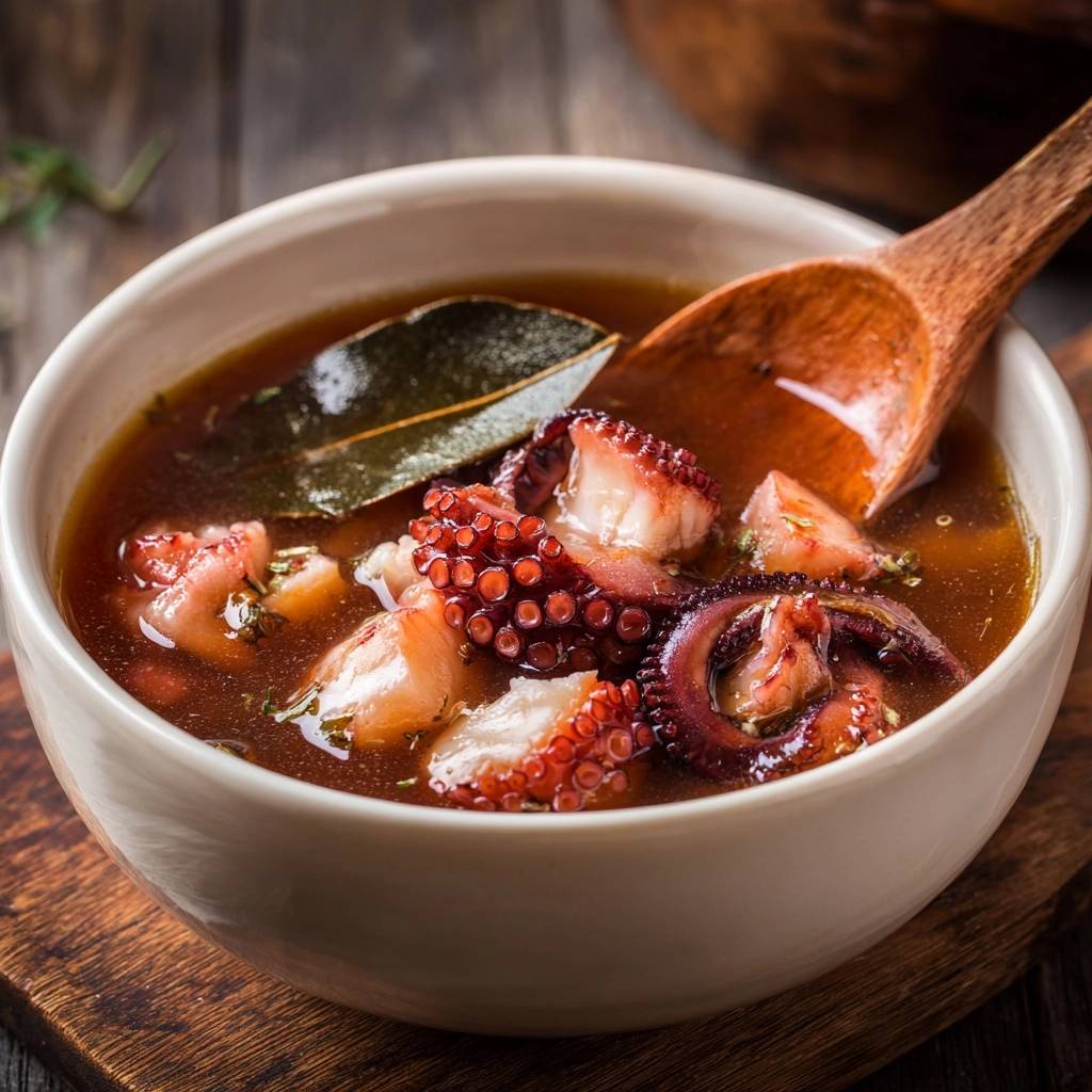 Mediterraner Oktopus-Eintopf in einer Schüssel mit einem Holzlöffel, der auf die weichen Tintenfischstücke zeigt.