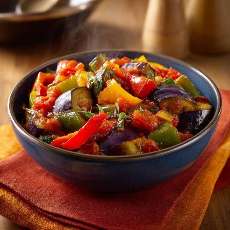 Mediterranes Ratatouille dampfend heiss serviert in einem blauen Napf mit frischen Kräutern garniert