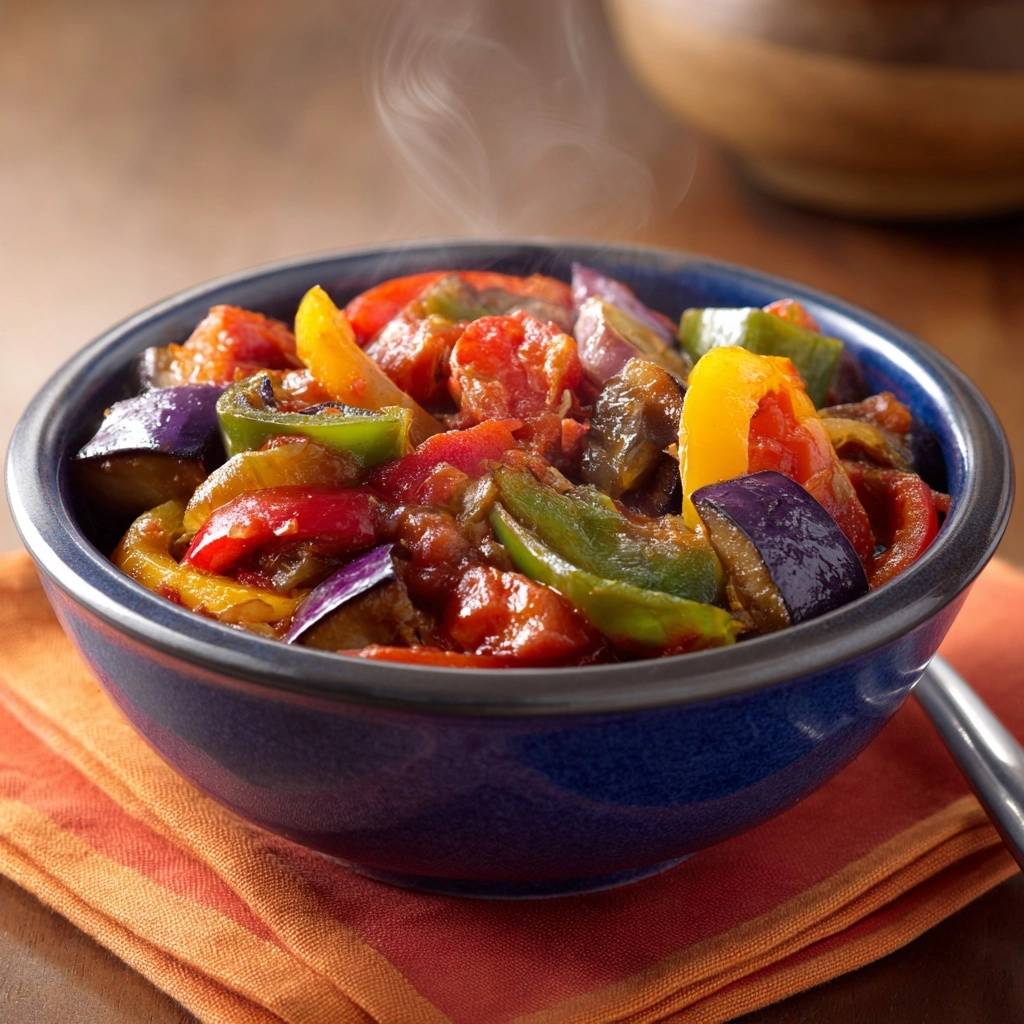 Mediterranes Ratatouille mit dampfendem Gemüse, frisch aus dem Topf serviert in einer blauen Schüssel.