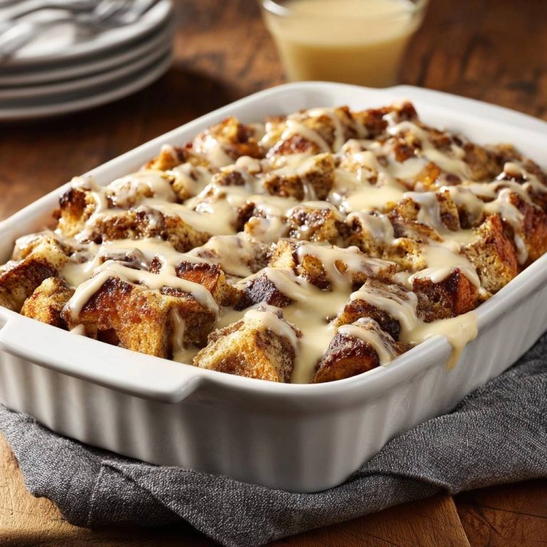 Klassischer Ofen-Brotpudding mit Vanilleguss in einer weißen Auflaufform, mit Zuckerguss übergossen