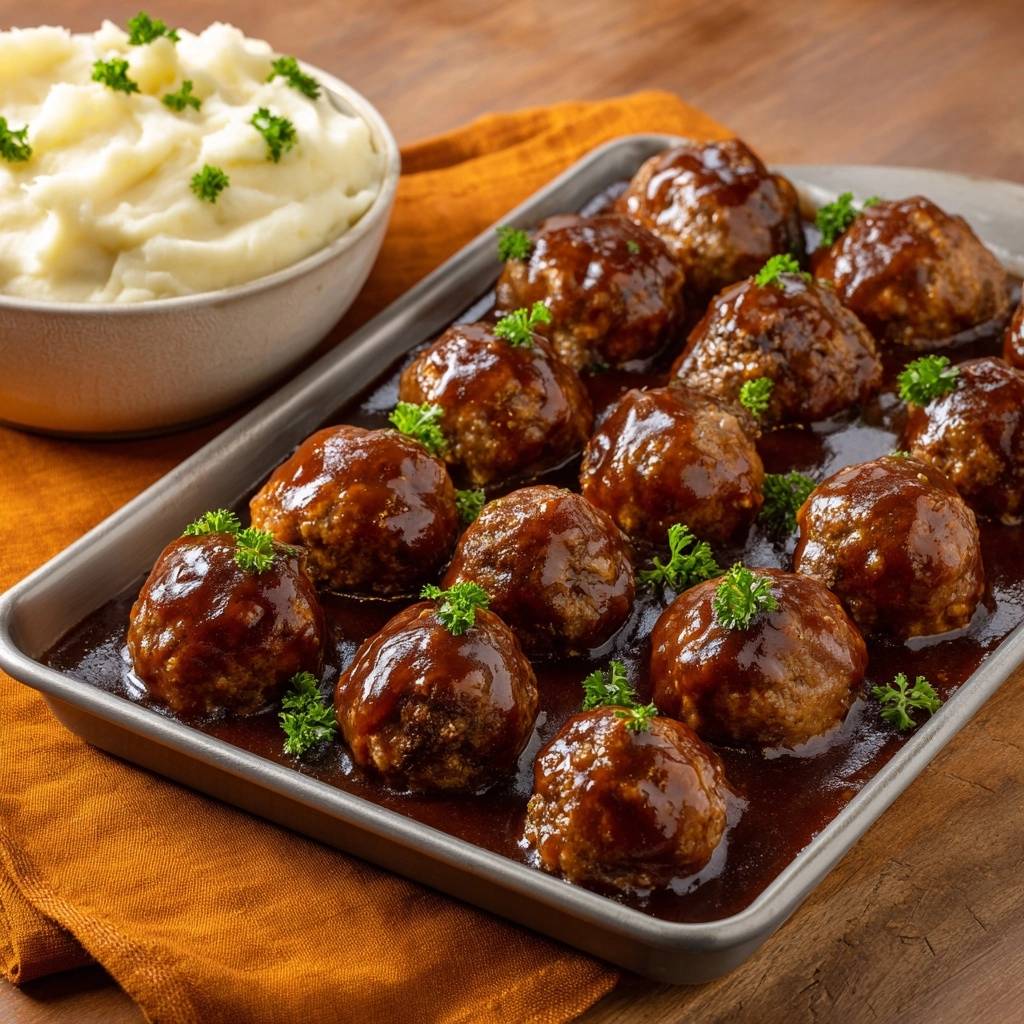 Ofen Hackbllchen Bbq Glasur Im Backblech 1 Saftige Ofen-Hackbällchen in BBQ-Glasur auf einem Backblech mit Petersilie garniert, daneben eine Schüssel Kartoffelpüree.
