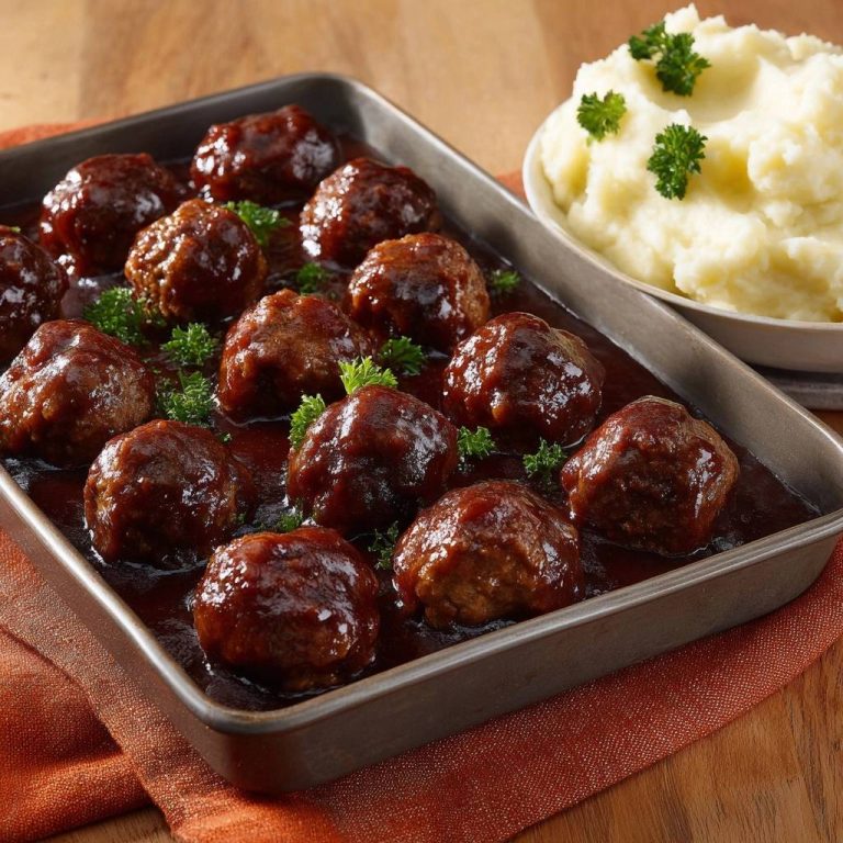 Saftige Ofen-Hackbällchen in BBQ-Glasur im Backblech mit Petersilie garniert, daneben eine Schüssel Kartoffelpüree.