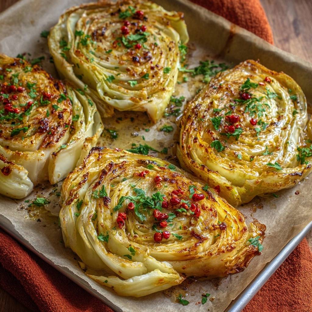 Knuspriger Ofen-Romanesco als Querschnitt, mit roten Pfefferkörnern und Petersilie garniert