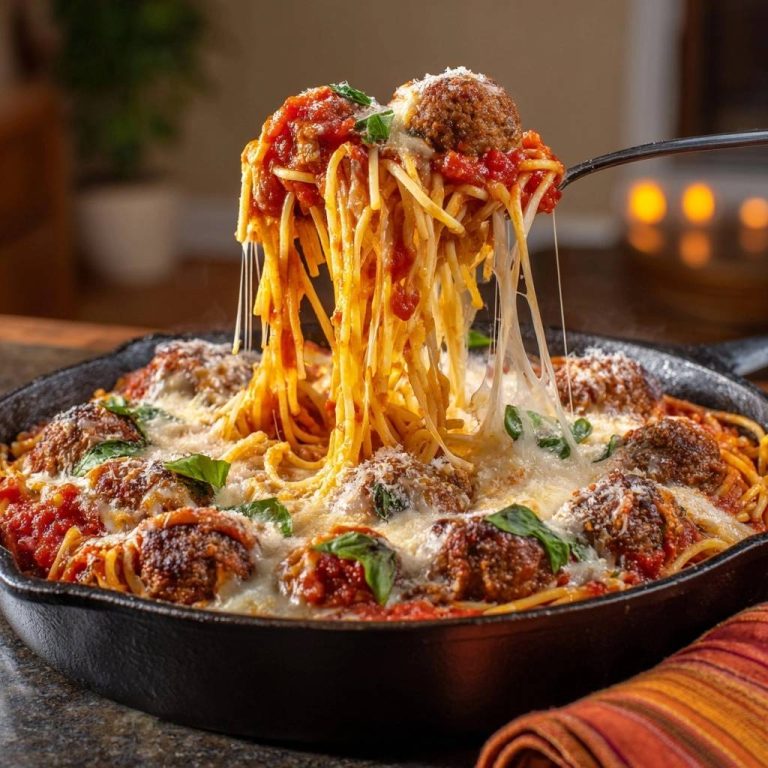 Ofen-Spaghetti mit saftigen Fleischbällchen, mit geschmolzenem Käse und einer Gabel, die eine Portion heraushebt.