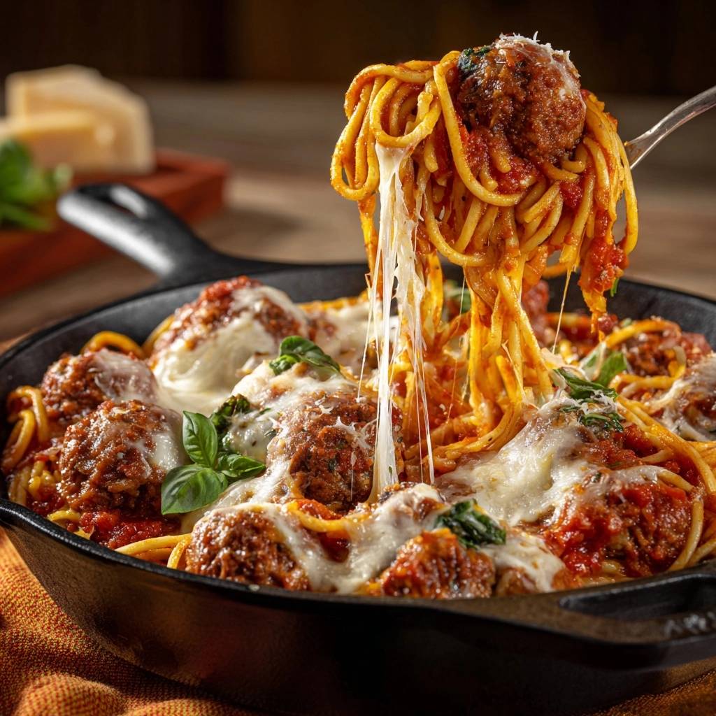 Ofen-Spaghetti mit saftigen Fleischbällchen, die mit geschmolzenem Käse und frischem Basilikum üppig garniert sind.
