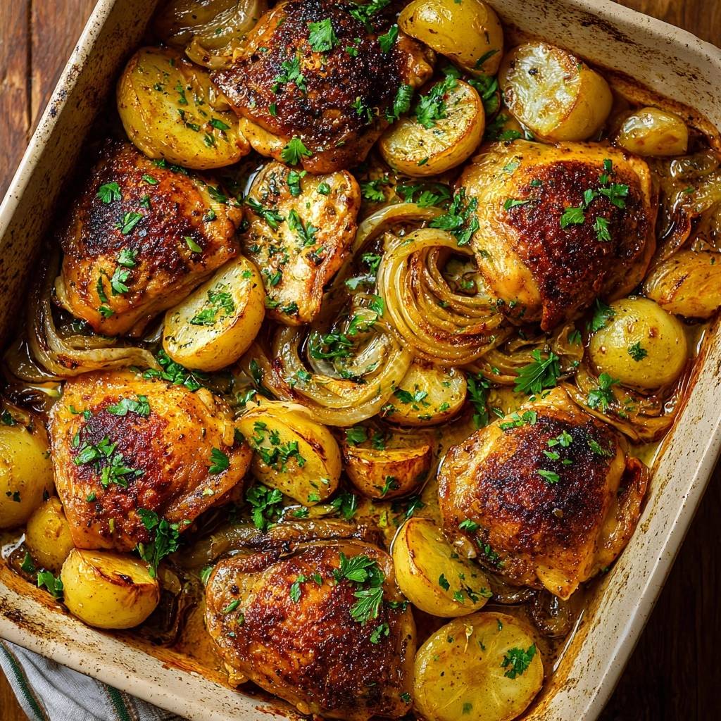 Ofenhhnchenkeulen Kartoffeln Zwiebeln Im Backblech 1 Saftige Ofenhähnchenkeulen mit Kartoffeln und Zwiebeln, frisch aus dem Ofen in einem Backblech mit Petersilie garniert.