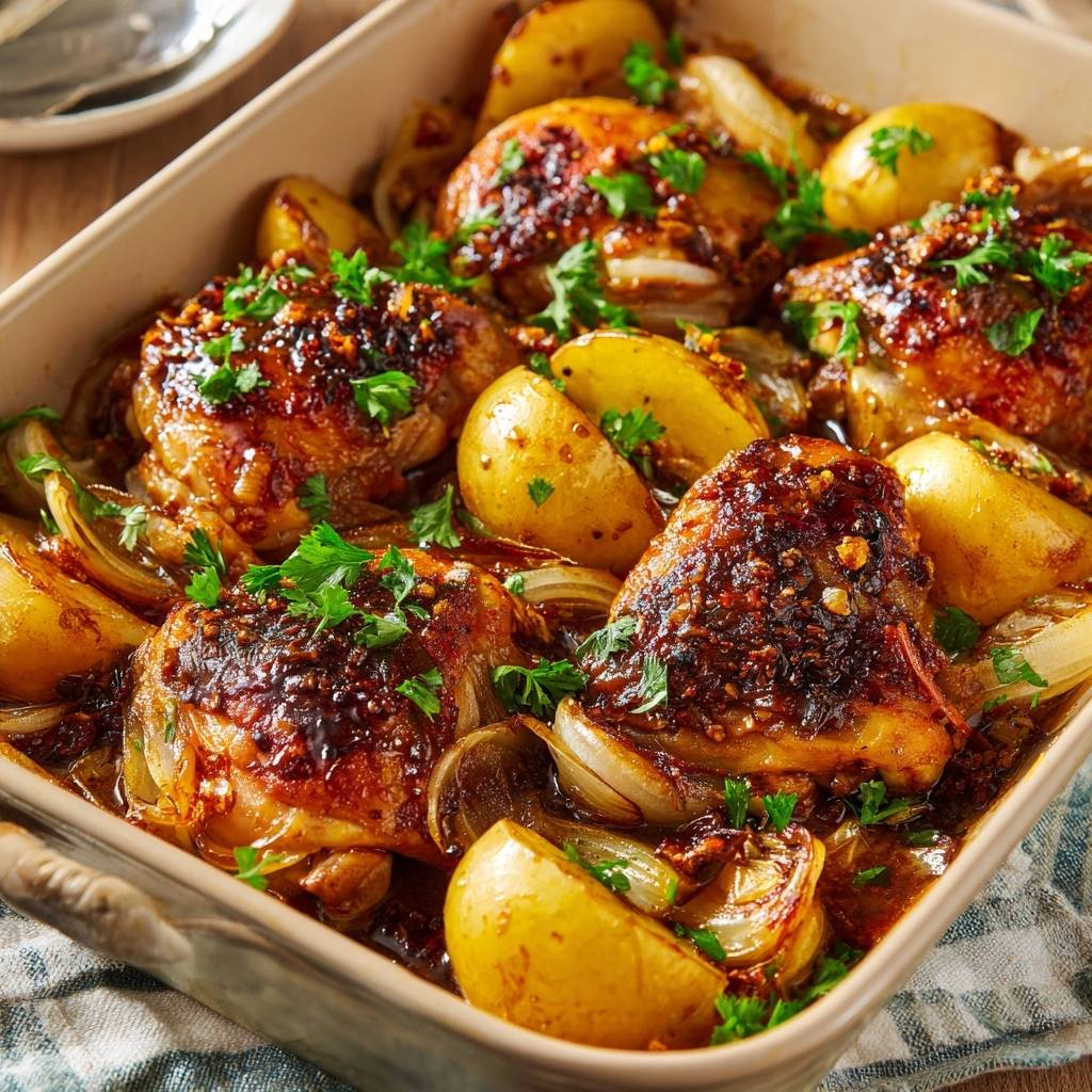 Saftige Ofenhähnchenkeulen mit Kartoffeln und Zwiebeln, eine Nahaufnahme des glasierten Gerichts, garniert mit Petersilie.
