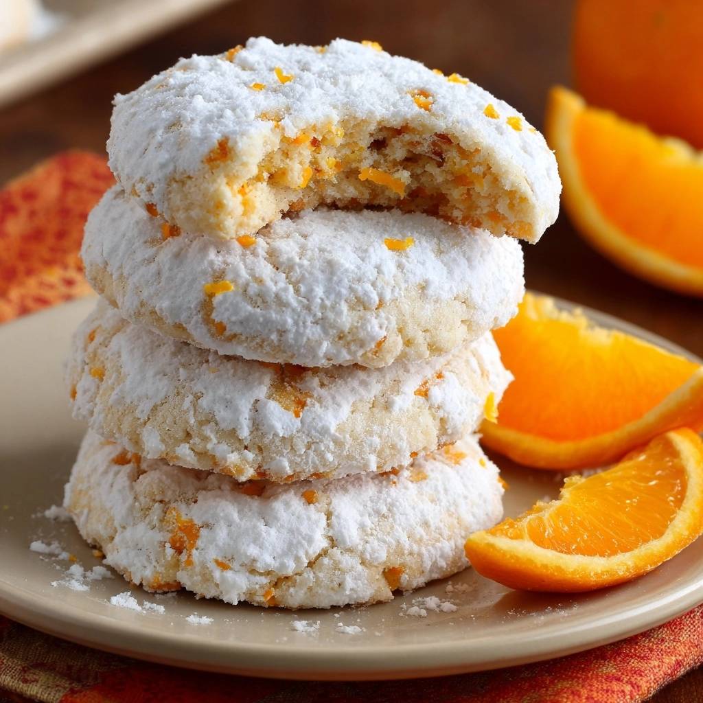 Orangen Schneekekse Angeschnitten Gestapelt 1 Orangen-Schneekekse, gestapelt und von einem angeschnittenen Keks gekrönt, mit Orangenzesten bestreut.